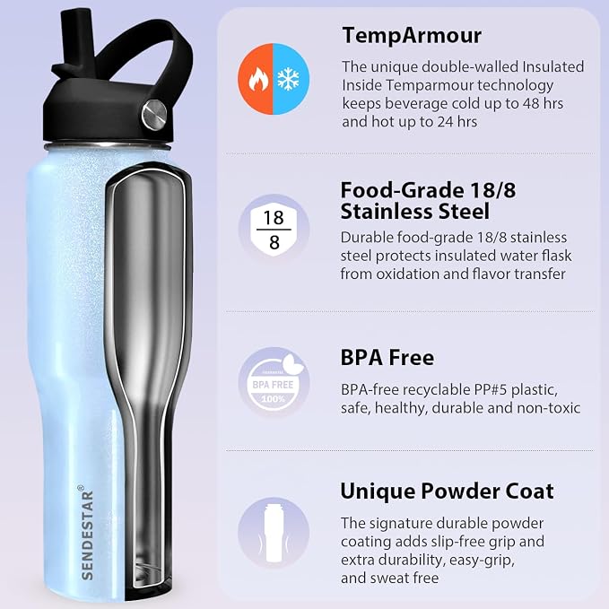 SENDESTAR 40oz Stainless Steel Water Bottle, Double Wall Vacuum Insulated Bottle - Image 4