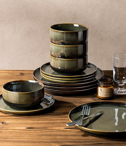 Ceramic Dinnerware Set for 4, 12-Piece Plates and Bowls Set | Handmade Reactive - Image 6