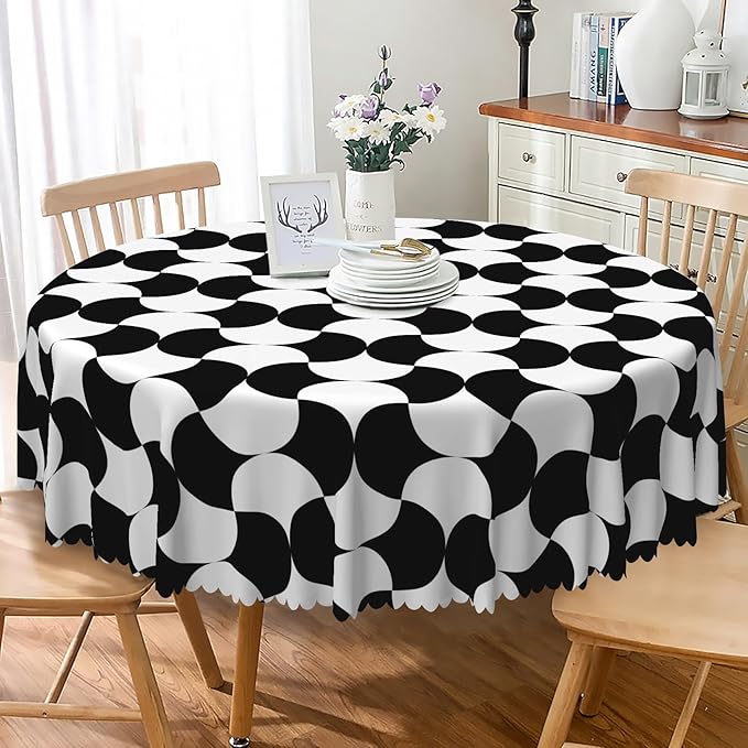 Laeacco 42 Inch Geometric Round Tablecloth Black and White Abstract Pattern Modern Art Print Table Cloth Washable Waterproof Wrinkle Free Table Cover for Kitchen Dining Picnic Party Decoration