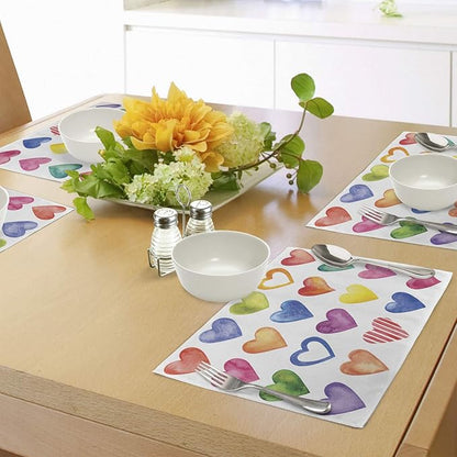 Ambesonne Grunge Place Mats Set of 4, Rainbow Color Heart Shapes Valentine's Day Design Romantic His and Hers Theme, Washable Fabric Placemats for Dining Table, Standard Size, Red Multicolor