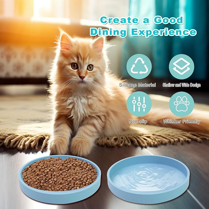 Silicone Dog Bowl Shallow Cat Food Bowls, 6 Inch Wide Cat Bowls Whisker Friendly, No Spill Less Mess Dog Plates for Dry and Wet Food, Set of 2 Puppy Bowls for Small Dogs and Cats