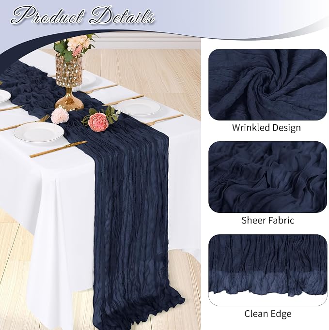 3 Pack Navy Blue Cheesecloth Table Runner, 17 x 108 inch, Semi Sheer Boho - Image 4