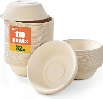 Dynta Paper Bowls 32oz, 110 Pack | Large Compostable Disposable Bowls by Dynta