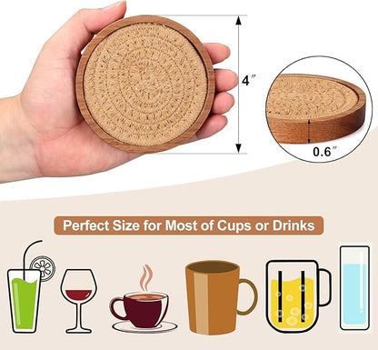 5 Pcs Best Absorbent Wooden Coasters Set - 4 Inches Brown Woven Coaster Modern Acacia Wood Coasters for Drinks, Coffee Table Decor, Farmhouse, Bar, Office, Beer, Kitchen, Dining Room, Outdoor, Desk