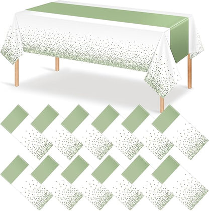 12Pcs White and Sage Green Tablecloth Decorations, Plastic White Table Cloth by MASHAN