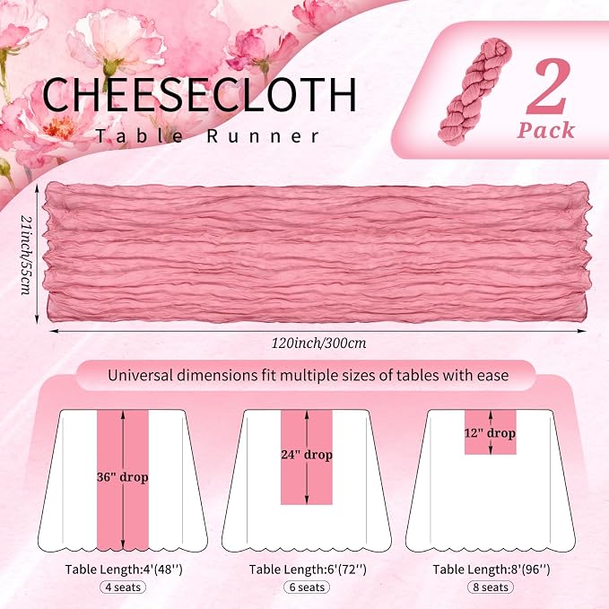 Showgeous 2 Pack Dusty Rose Cheesecloth Table Runners Boho Wedding Decor | - Image 2