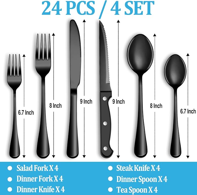 24 Pcs Black Silverware Set - Image 2