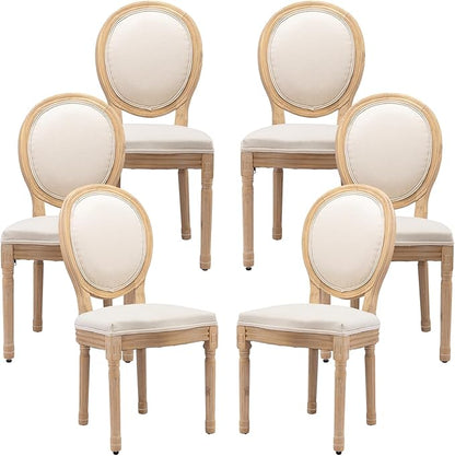 Vintage French Dining Chairs Set of 6, Round Back Accent Chairs with Linen Seat and Solid Wood Frame, Farmhouse Sillas de Comedor Upholstered for Dining Room & Kitchen, Beige