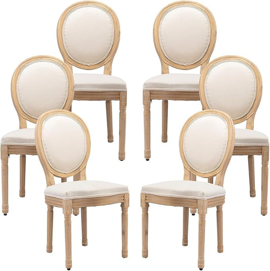 Vintage French Dining Chairs Set of 6, Round Back Accent Chairs with Linen Seat and Solid Wood Frame, Farmhouse Sillas de Comedor Upholstered for Dining Room & Kitchen, Beige