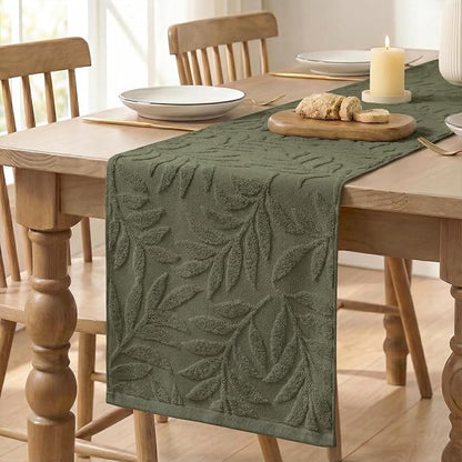 Artoid Mode Olive Green Soft 3D Jacquard Leaves 100%Cotton Spring Table Runner - Image 6