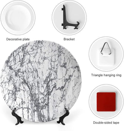 Ceramic Display Plate, Abstract Ceramic Hanging Decorative Plate, Murky Marble Rock Motifs Dynamic Fractal, 7 Inch, Living Room Kitchen Decoration Household, Grey White