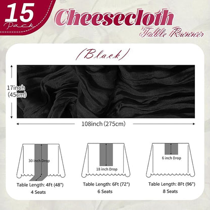 15 Pack Black Cheesecloth Table Runner 17 x 108 inch Cheese Cloth Table Runners - Image 2