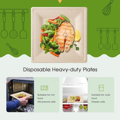 ECOLipak 100 Pack Compostable Square Plates, 10 inch Disposable Paper Plates Made of Sugacane, Eco-friendly Heavy Duty Biodegradable