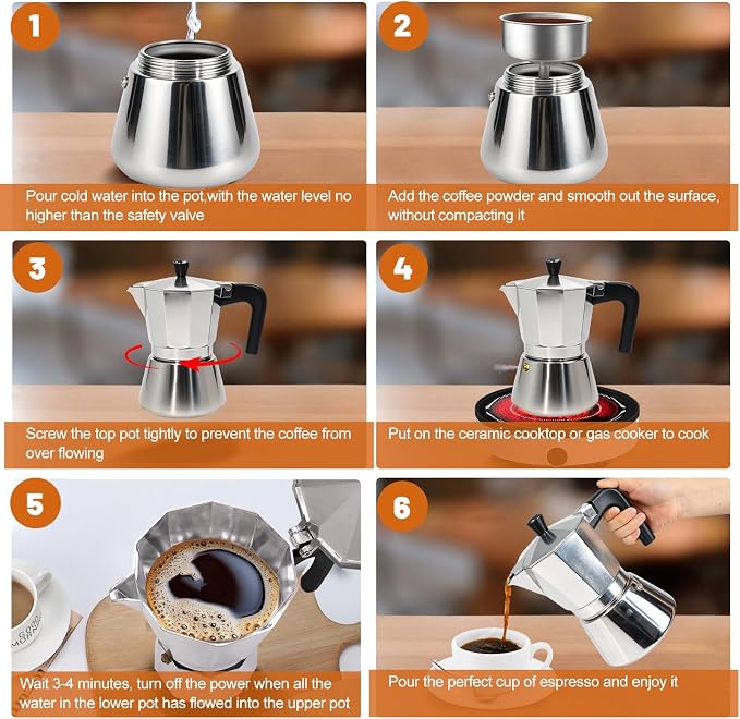 6 Cup Aluminum and Stainless Steel Moka Pot Espresso Stovetop Coffee | Maker - Image 7
