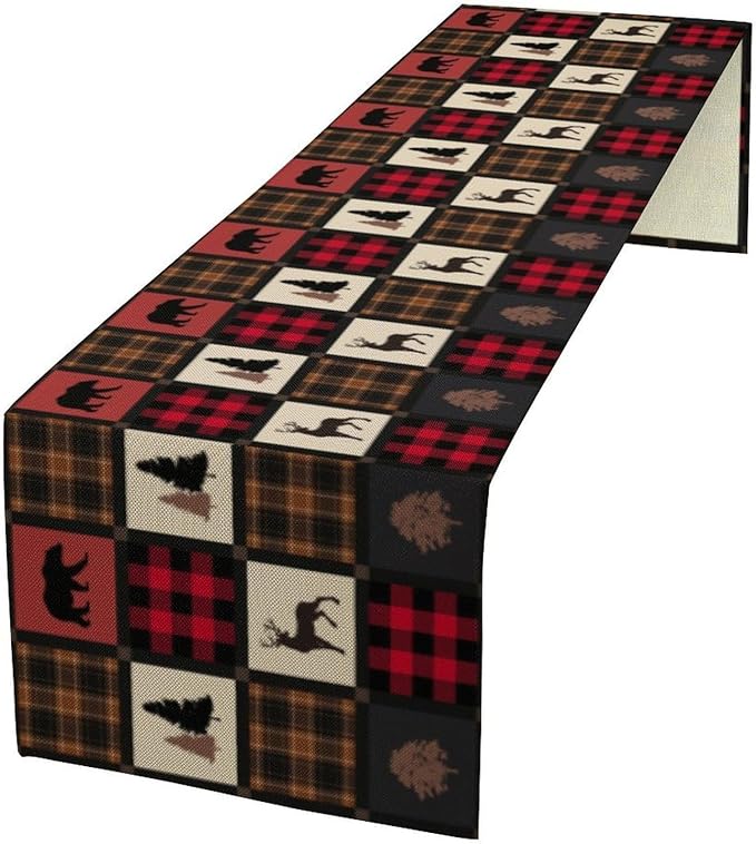 Rustic Bear Table Runner, Vintage Cottage Country Style Pine Tree Elk Wildlife by SXXLDNG