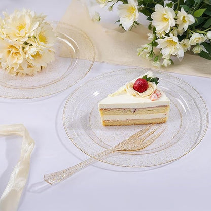 WELLIFE 120 Guests Gold Glitter Plastic Plates and Dessert Forks, 6.5 inch Disposable Dessert Plates, Durable Plastic Small Forks, Perfect for Catering, Parties &Weddings, regular