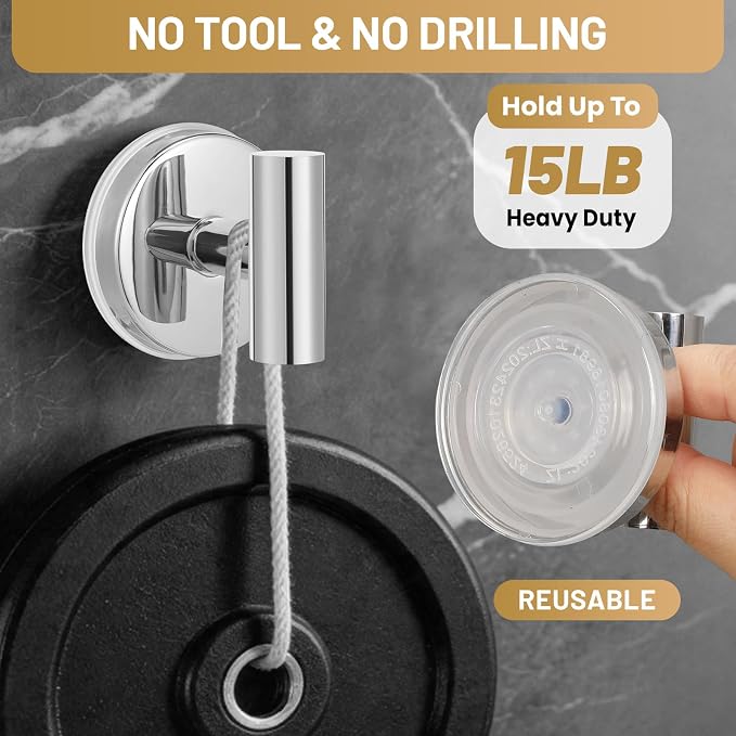 Large Suction Cup Hooks, Heavy Duty 15lb Holds Towel & Robe, No-Drill Shower - Image 2