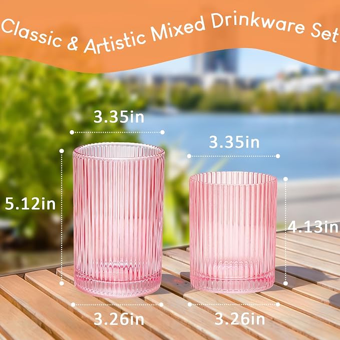 14 oz & 18 oz Ribbed Drinking Glasses Set of 12, Vintage Iced Coffee Cups - Image 6