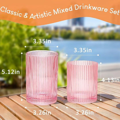 14 oz & 18 oz Ribbed Drinking Glasses Set of 12, Vintage Iced Coffee Cups - Image 6