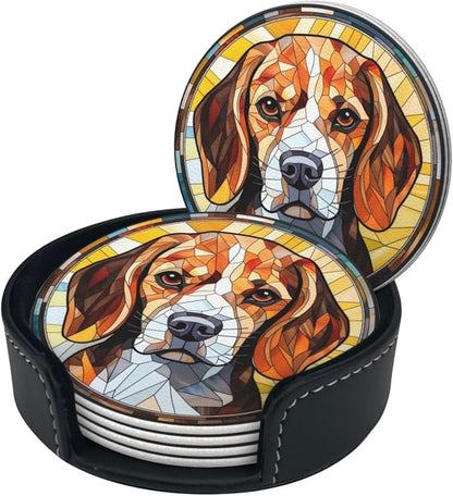 Drink Coaster Set of 6, Beagle Dog Mom Lover Gift,Leather Drink Coasters with Holder,6 Pack Cup/Bar/Drink Coasters for Table/Drinks/Coffee Protection Housewarming Gift