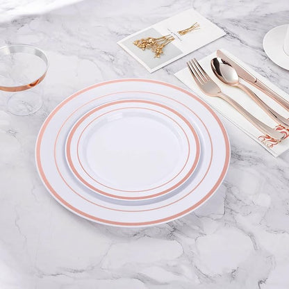 BESTVIP 200PCS Rose Gold Plastic Plate, Disposable Party Plates with 100 Dinner Plates and 100 Dessert Plates, Plastic Plates for Party, Wedding and Birthday