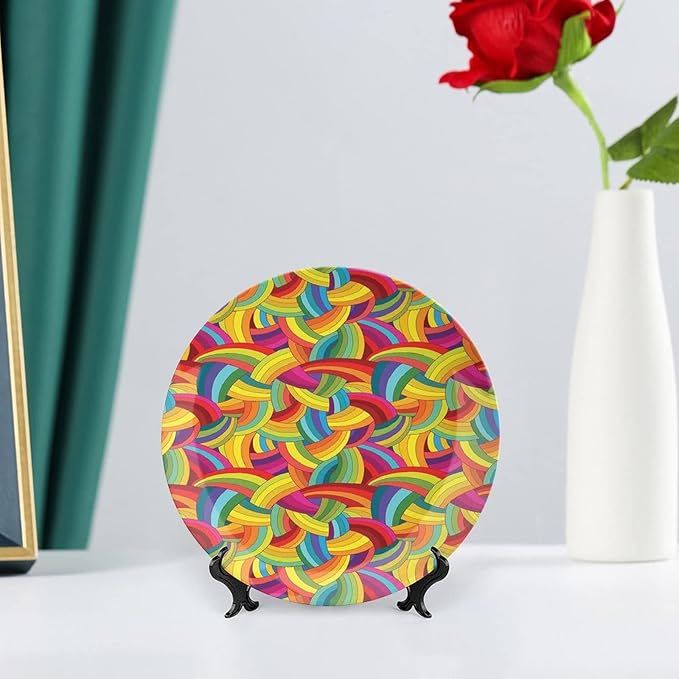 Ceramic Display Plate, Abstract Decor Ceramic Hanging Decorative Plate, Colorful Rainbows Wheels Spiral Wavy Fashionable, 6 Inch, Household Custom Ceramic Plate, Multy