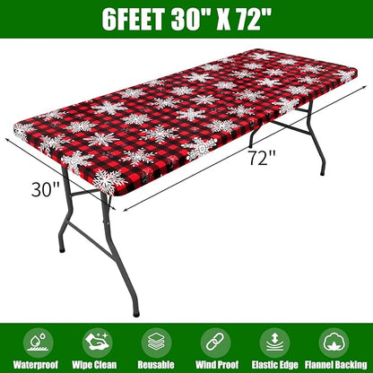 Smiry Plastic Christmas Tablecloth, Buffalo Plaid Waterproof Elastic Fitted Table Covers, Wipeable Flannel Backed Vinyl Tablecloths for Dinner, and New Year Celebration (Black & Red, 30x72 Inches)