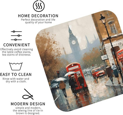 4Pcs Leather Coaster for Drinks London Impression Cup Coasters Aesthetic Drink - Image 3