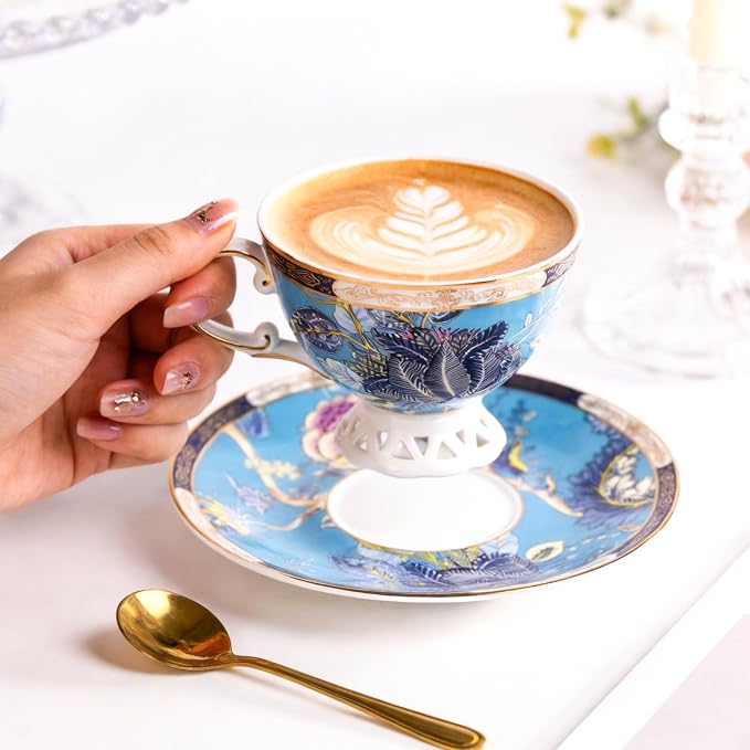 KAMMAK Tea Cups and Saucers Set of 2, Fine Bone China Coffee Cups, GHO03 | - Image 3
