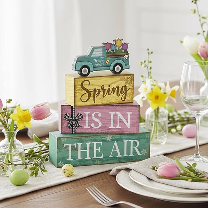 Moucuny 4 Pcs Spring Table Decor Wooden Blue Truck Decoration Flower - Image 7