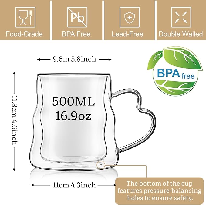 Joeyan Glass Mug 16.9oz, Double Wall Insulated Glass Coffee Mugs Set of 2 | - Image 2