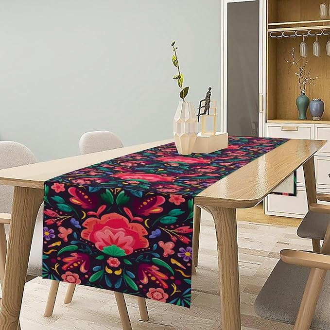 YCness Mexican Fiesta Table Runner Colorful Floral Plants Traditional Pattern - Image 4