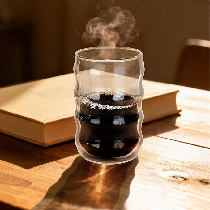 Joeyan 14.5oz Double Wall Glass Tumbler, Wave Shape Insulated Thermal Glass Cups - Image 5