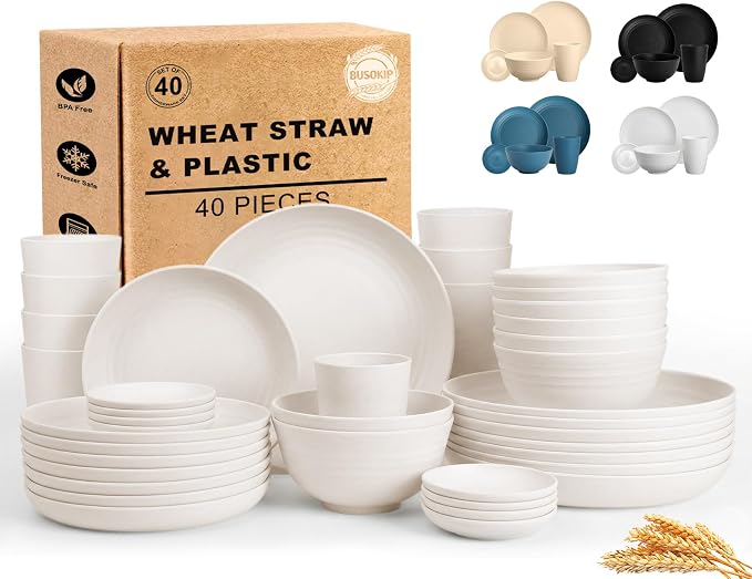Dinnerware Sets for 8, Wheat Straw Plate and Bowl Set, Unbreakable Kitchen Set by BUSOKIP