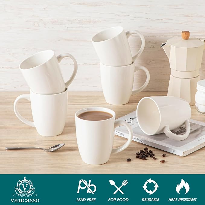 vancasso White Ceramic Coffee Mug Set of 6, 16 Oz Tea Cups - Image 3