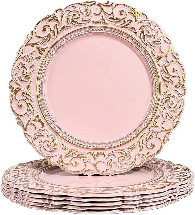 Pink Charger Plates with Gold Embossed Rim, Plate Chargers by Umisriro