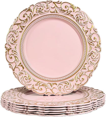 Pink Charger Plates with Gold Embossed Rim, Plate Chargers by Umisriro