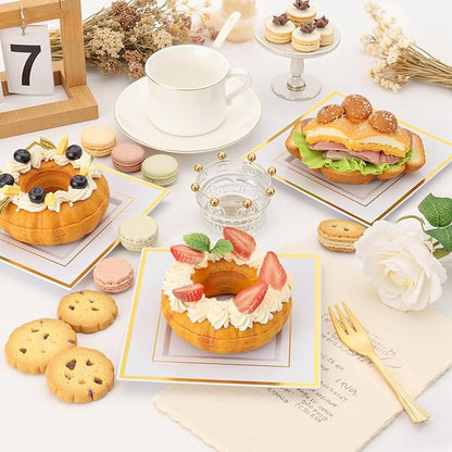 WDF 200PCS Gold Plastic Dessert Plates with Plastic Forks -6” 100 Square Disposable Appetizer Plates Small Plate Cake Plate &100 Gold Small Appetizer Forks for Daily Using Thanksgiving