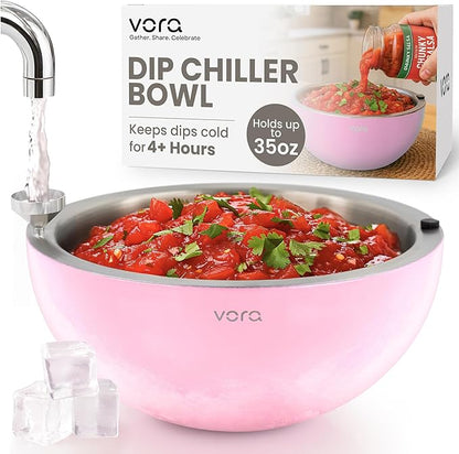 Vora 35oz Stainless Steel Chilled Serving Bowl - 1 Pack Insulated Serving Bowl with Anti Slip Base, Funnel & Plugs to Keep Dips, Salads & Appetizers Cold - Ice Bowls to Keep Food Cold for Parties