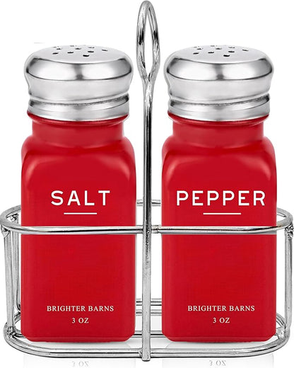 Red Salt and Pepper Shakers Set with Holder by Brighter Barns - Modern Kitchen Decor and Accessories, Dining Room Decor - Cute Salt Shaker with Caddy for Table Centerpiece, Restaurants, Gifts (Red)