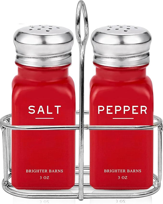 Red Salt and Pepper Shakers Set with Holder by Brighter Barns - Modern Kitchen Decor and Accessories, Dining Room Decor - Cute Salt Shaker with Caddy for Table Centerpiece, Restaurants, Gifts (Red)