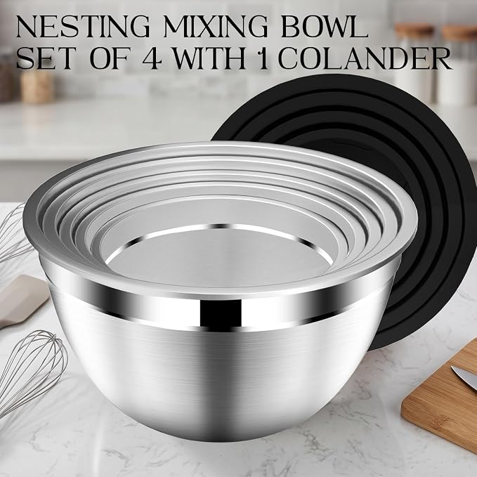 DUTZUN Mixing Bowls with Lids Set, Stainless Steel Mixing Bowls with Colander - Image 4