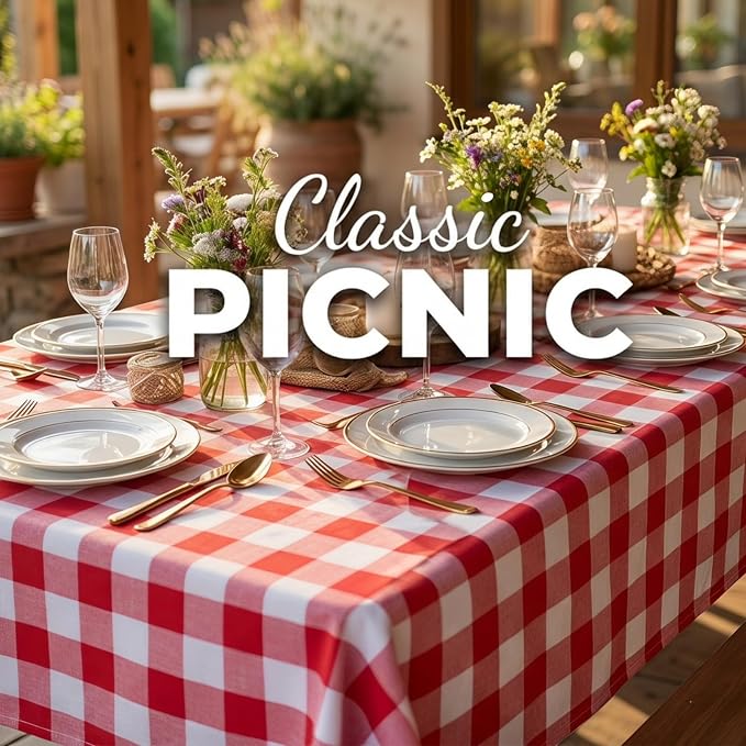 ShinyBeauty Gingham Square Tablecloth 54x54 Red and White Cotton Plaid | Rustic - Image 4