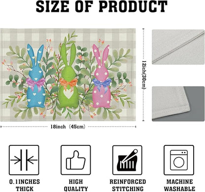 Easter Placemats Set of 4，Bunny Rabbits Green Leaves Table Kitchen Mat 12x18 Inch Floral Spring Decor Holiday Table Mats for Seasonal Party Kitchen Dining Decoration