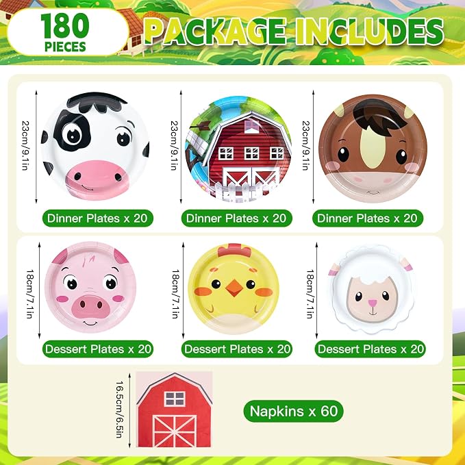 180Pcs Farm Animals Party Supplies Paper Plates and Napkins Serve 60 | - Image 2