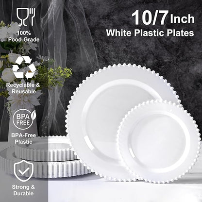 U-QE 60PCS White Plastic Plates - Fancy Beaded Plates Disposable Heavy Duty - Premium Hard Plastic Plates for Party, Wedding & Birthday Including 30 Dinner Plates 10" & 30 Dessert Plates 7"