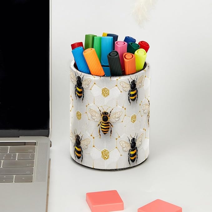 Leather Pen Holder for Desk, Honeycomb Bee Pencil Cup Pen Organizer Makeup - Image 5