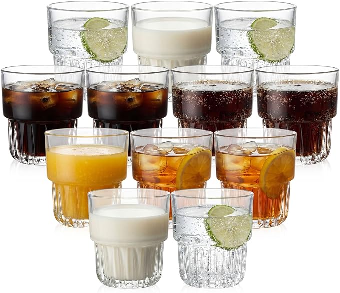 12 Pack Whiskey Glasses 8.8 oz Clear Drinking Glass Stackable Iced Latte Coffee by Yiyiring