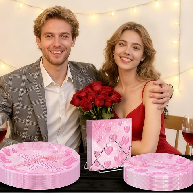 96 Pieces Valentine’s Day Tableware Set – Pink Heart Disposable Plates and - Image 6