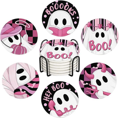 Drink Coasters for Drinks Set of 6, Pink and Black Cute Ghosts Absorbent Round Ceramic Stone Mat Coaster, with Cork Base and Metal Holder, Home Bar Decor House Warming Gift